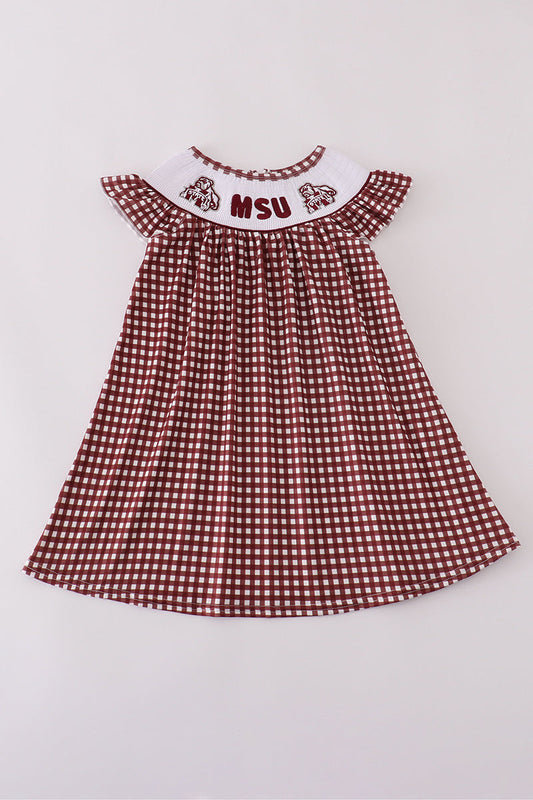 Girls Mississippi State Embroidered Smocked Gingham Dress
