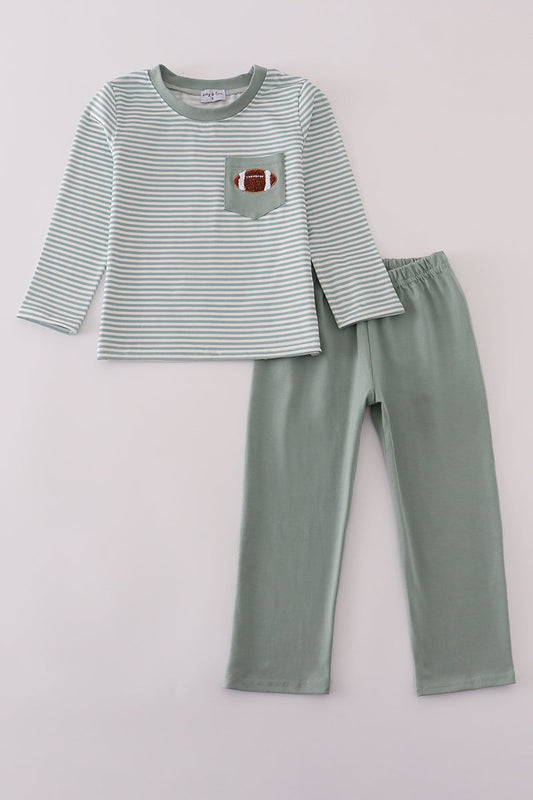 Boys Sage Striped Football French Knot Pants Set