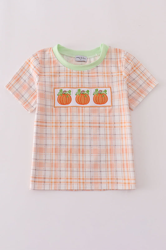 Boys Plaid Pumpkin Embroidered Top