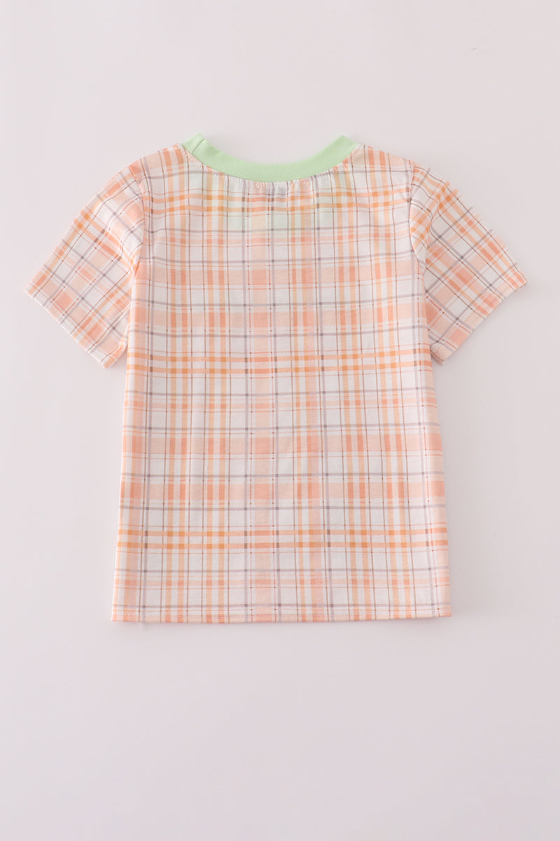 Boys Plaid Pumpkin Embroidered Top