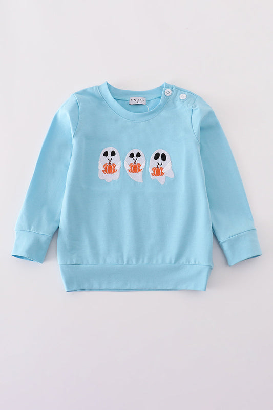 Boys Blue Ghost Pumpkin Embroidered Top