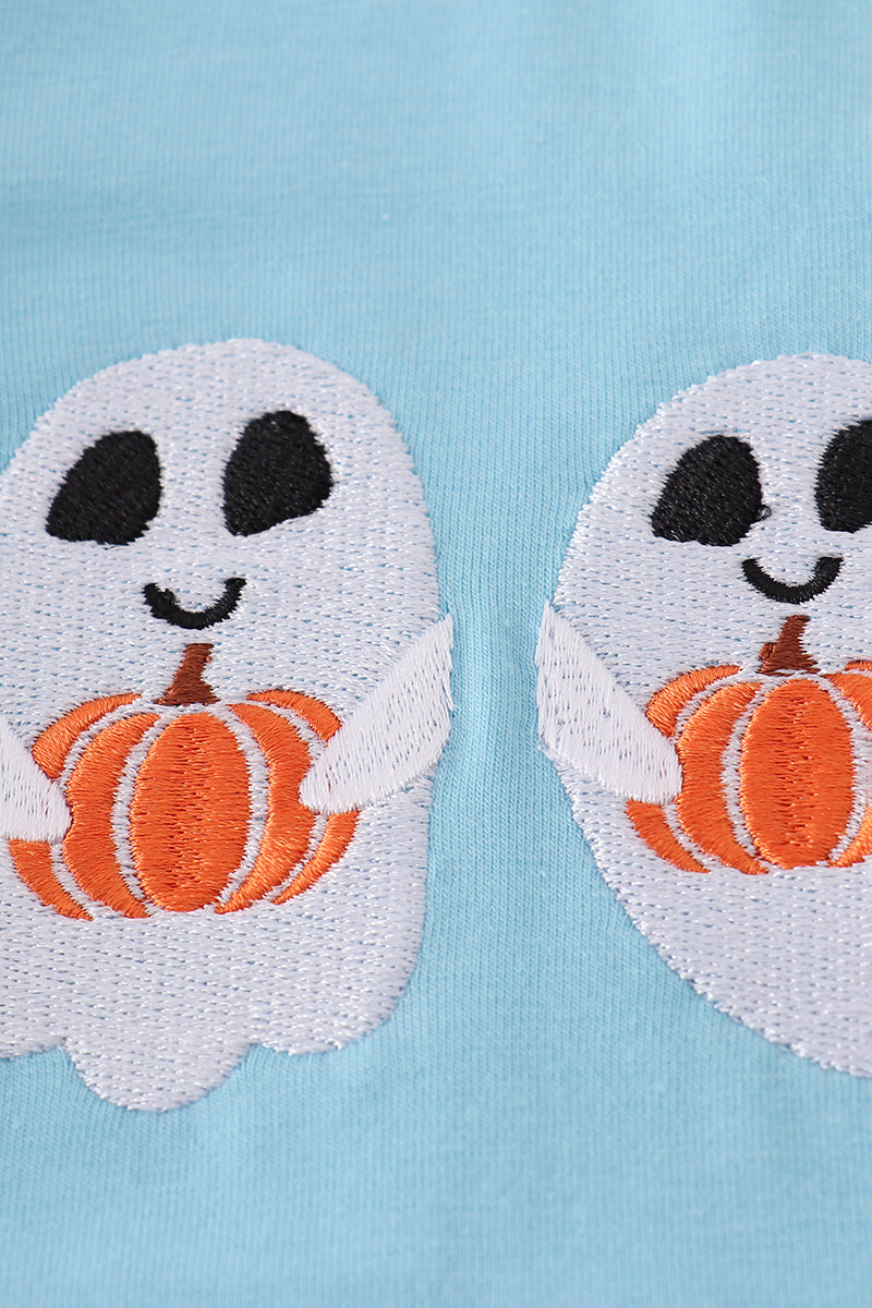 Boys Blue Ghost Pumpkin Embroidered Top