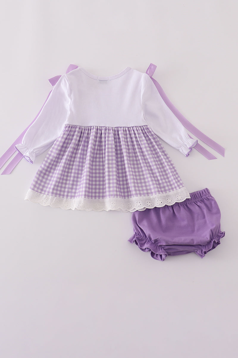 Girls Lavender Ribbon Lace Embroidered Gingham Bloomer Set