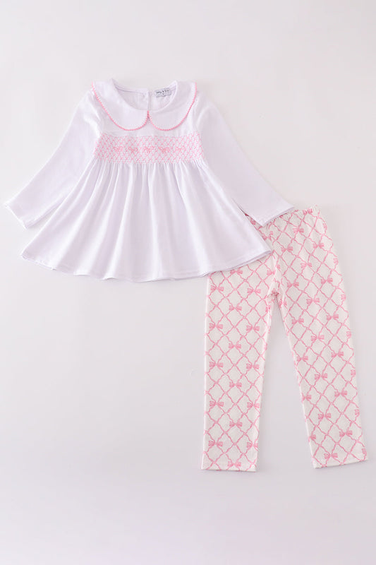 Girls Pink Bow Smocked Pants Set