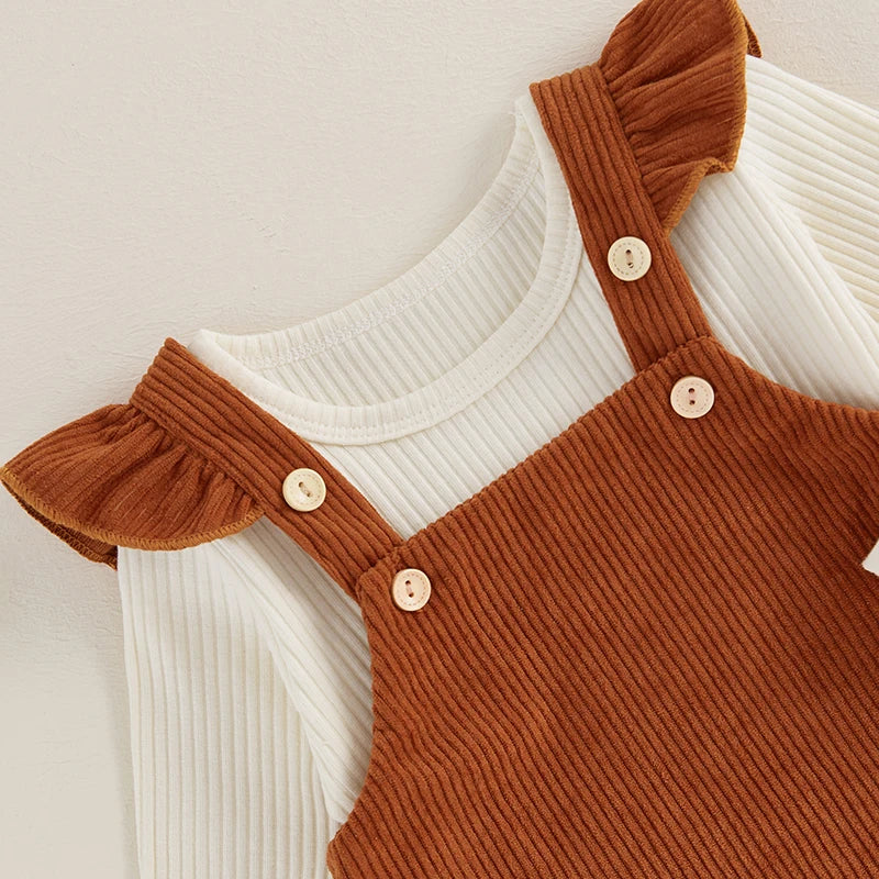 Girls Ribbed Top Ruffle Corduroy Overall Dress