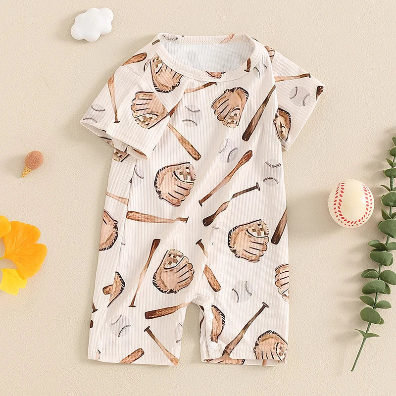 Boys Baseball Print Short Sleeve Romper