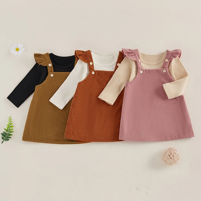 Girls Ribbed Top Ruffle Corduroy Overall Dress