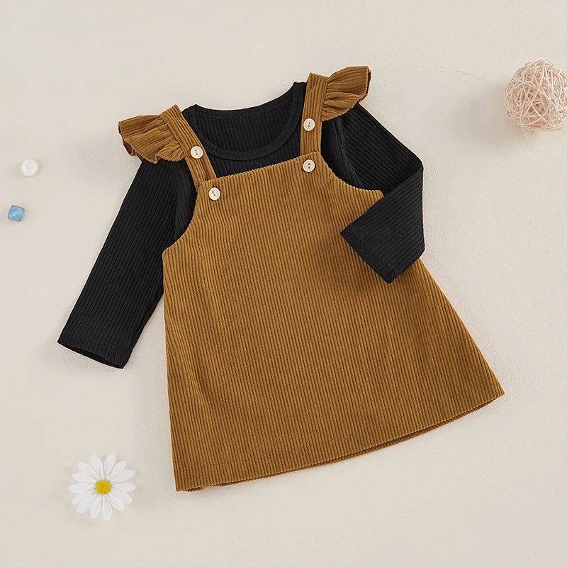 Girls Ribbed Top Ruffle Corduroy Overall Dress