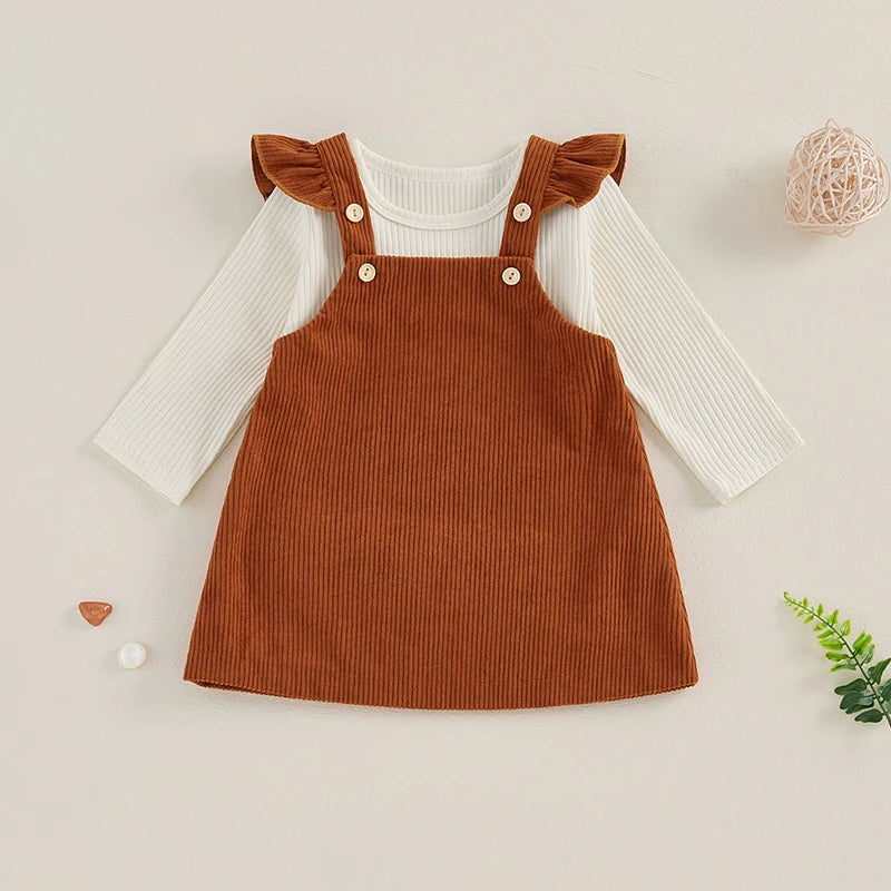Girls Ribbed Top Ruffle Corduroy Overall Dress