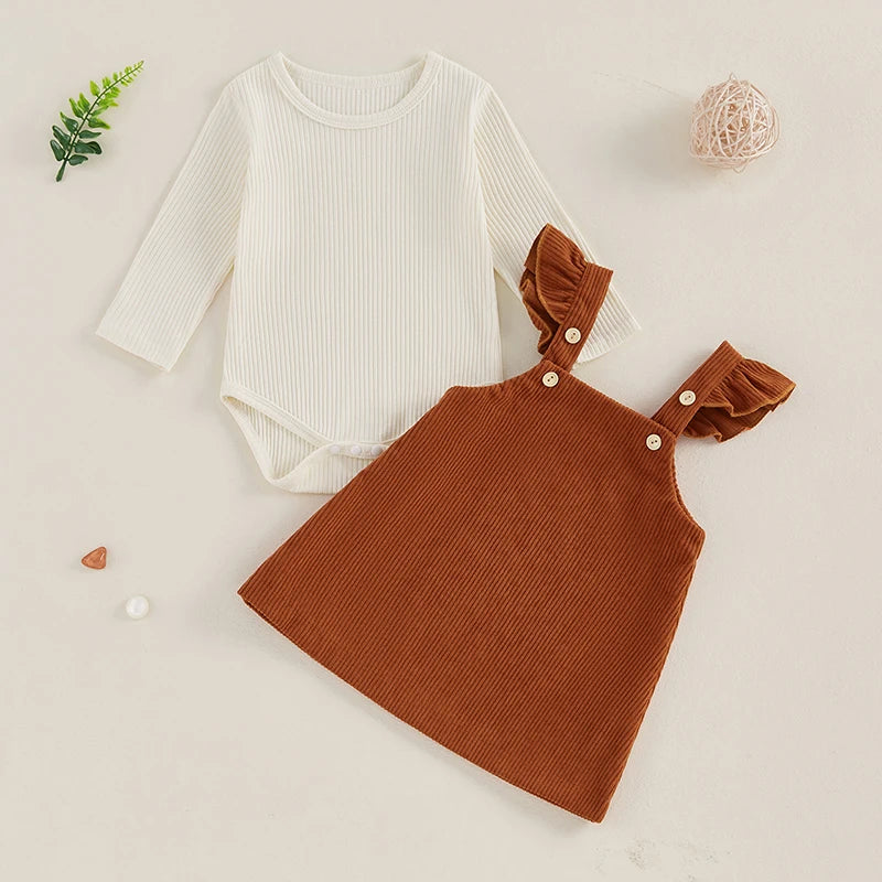 Girls Ribbed Top Ruffle Corduroy Overall Dress
