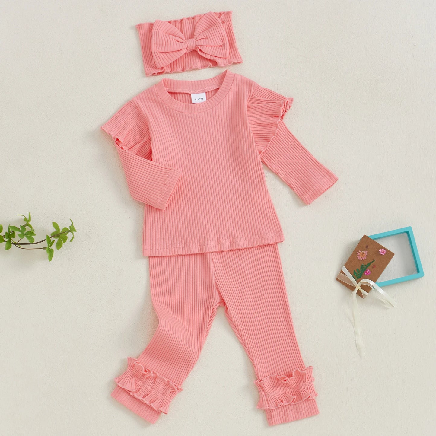 Girls Ribbed Ruffle Trim Top Pant Bow Headband Set