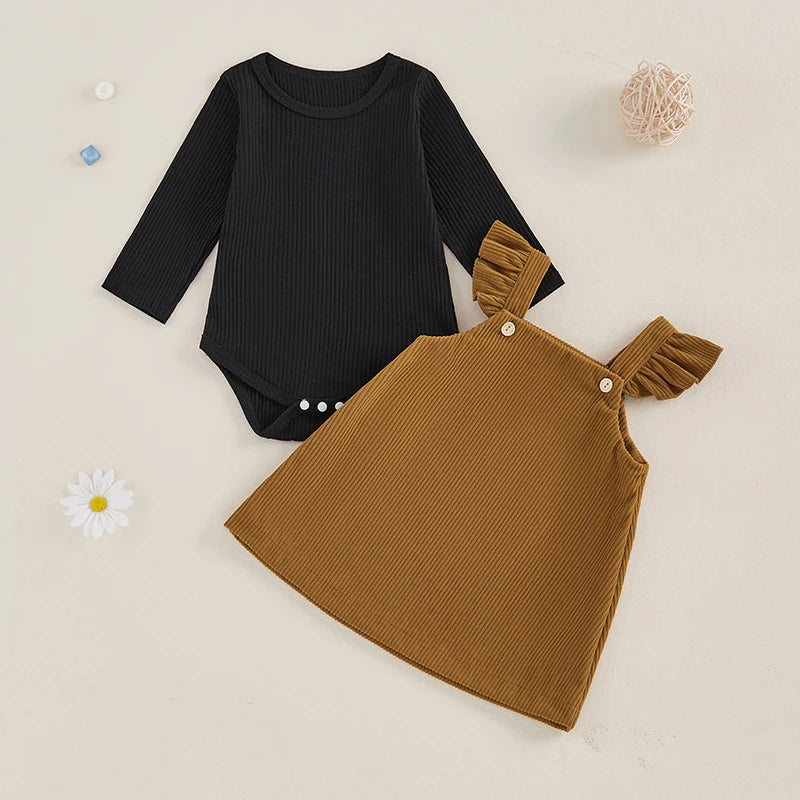 Girls Ribbed Top Ruffle Corduroy Overall Dress