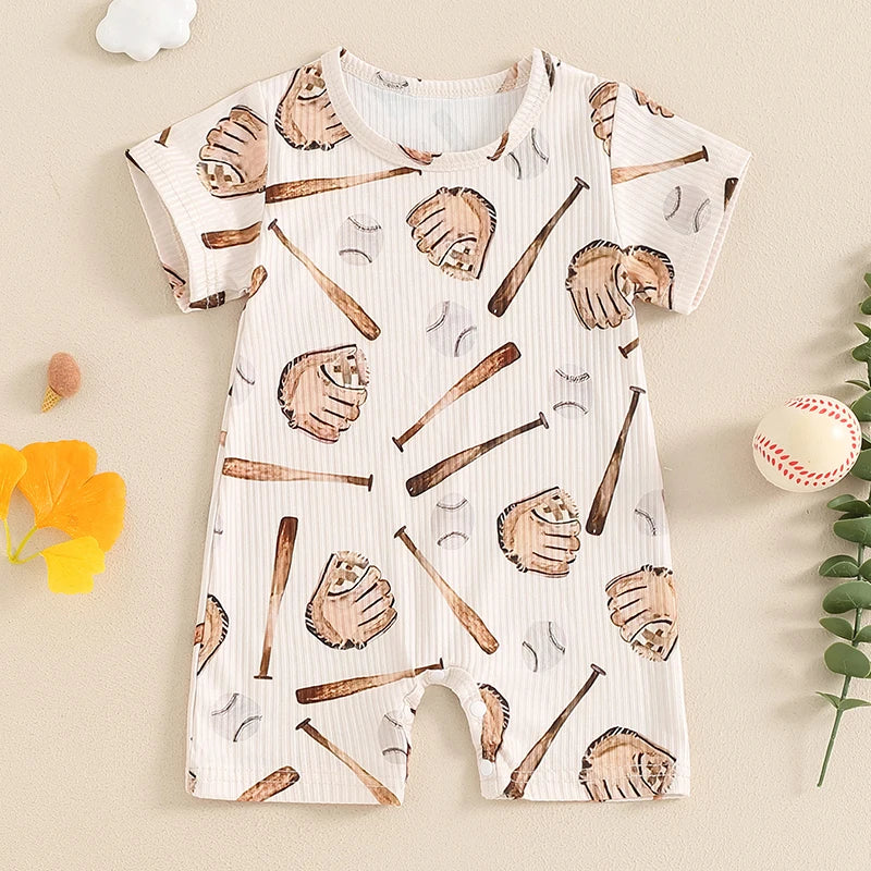 Boys Baseball Print Short Sleeve Romper