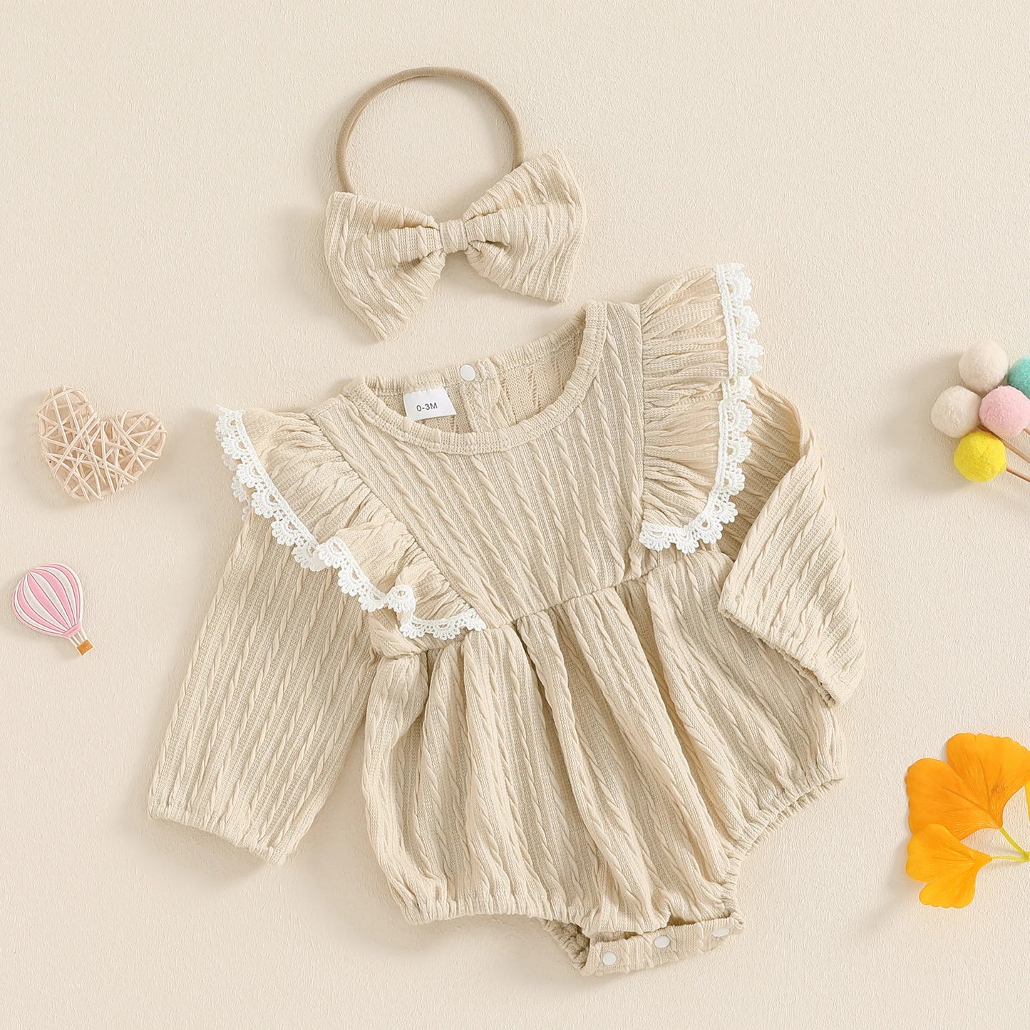 Girls Lace Trim Ruffled Knit Bubble Bow Set