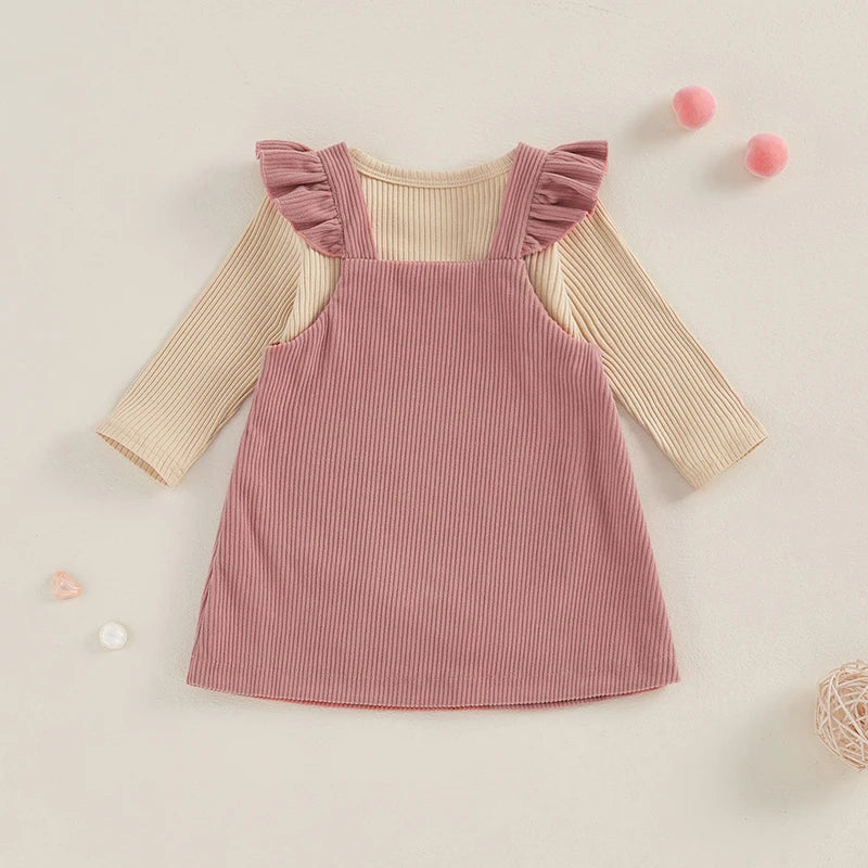 Girls Ribbed Top Ruffle Corduroy Overall Dress